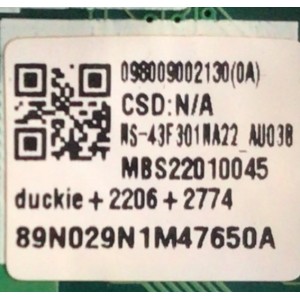 MAIN PARA TV INSIGNIA / NUMERO DE PARTE 098009002130 / TD.MT9020.63 / MBS22010045 / DISPLAY T430QVN03.B / MODELO NS-43F301NA22